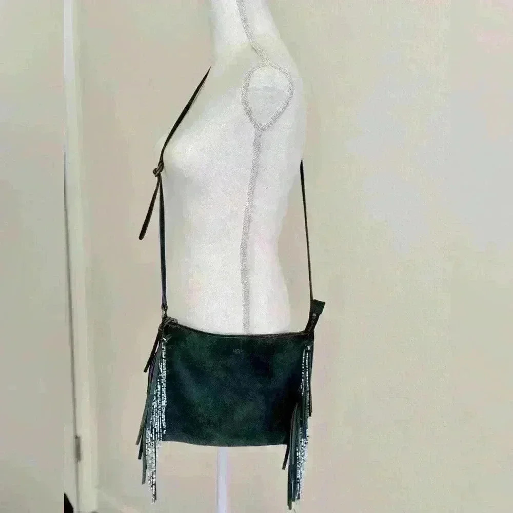 UGG DARK Blue Suede Crossbody Bag with Fringe & Beads.